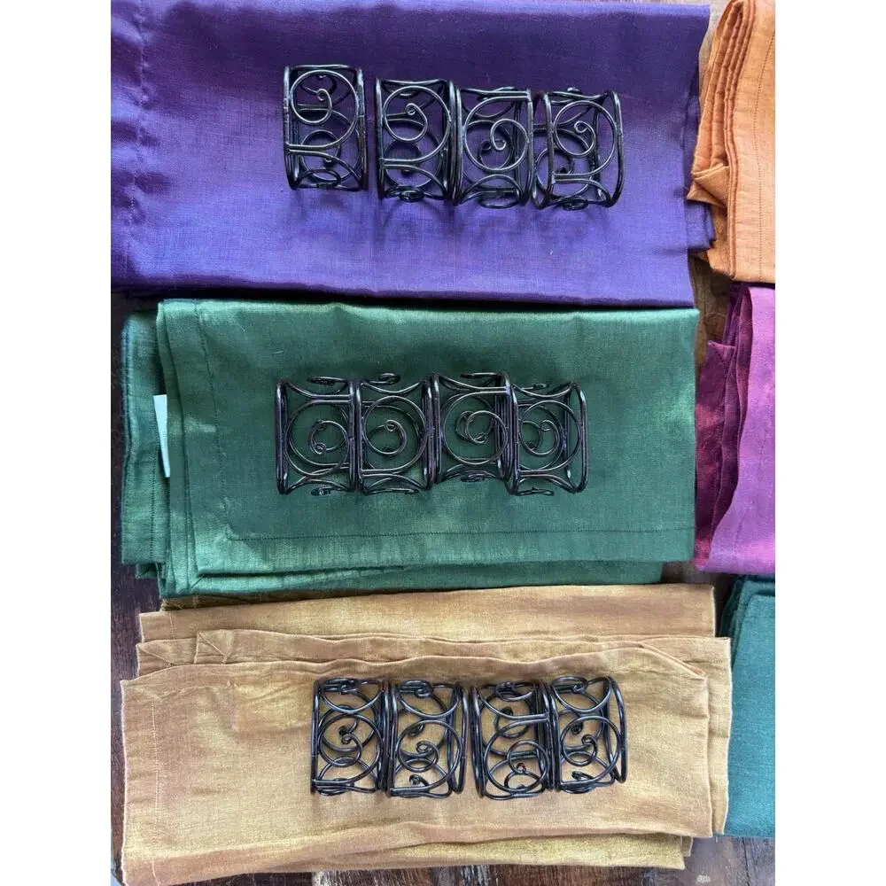 Crate & Barrel Elan 12 Jewel Tone Napkins 12 Metal Rings Bark Basket Set Fall